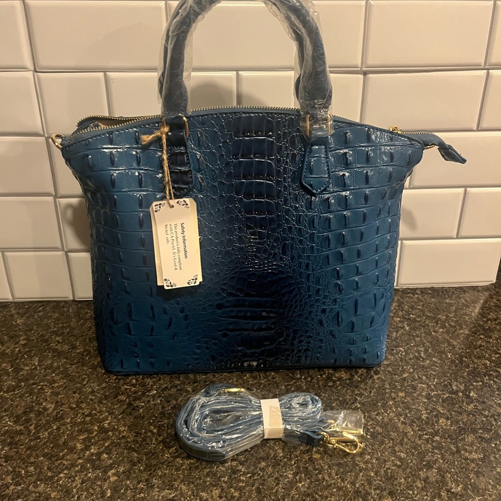 Blue Crocodile Embossed Handbag